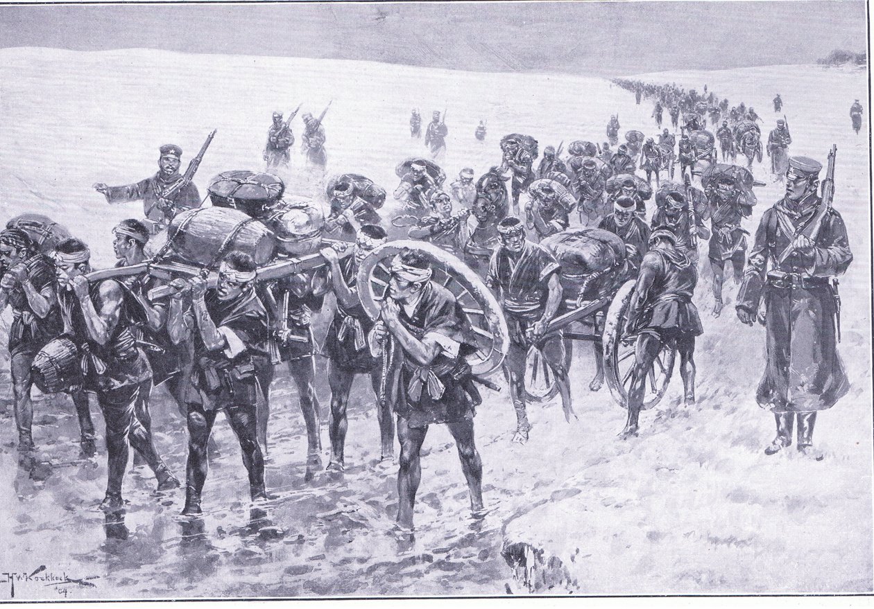 Japansk på march. Mænd i stedet for flokponyer, illustration fra Cassells History of the Russo-Japanese War Vol 1, ca. 1900 af Johannes Hermann Barend Koekkoek