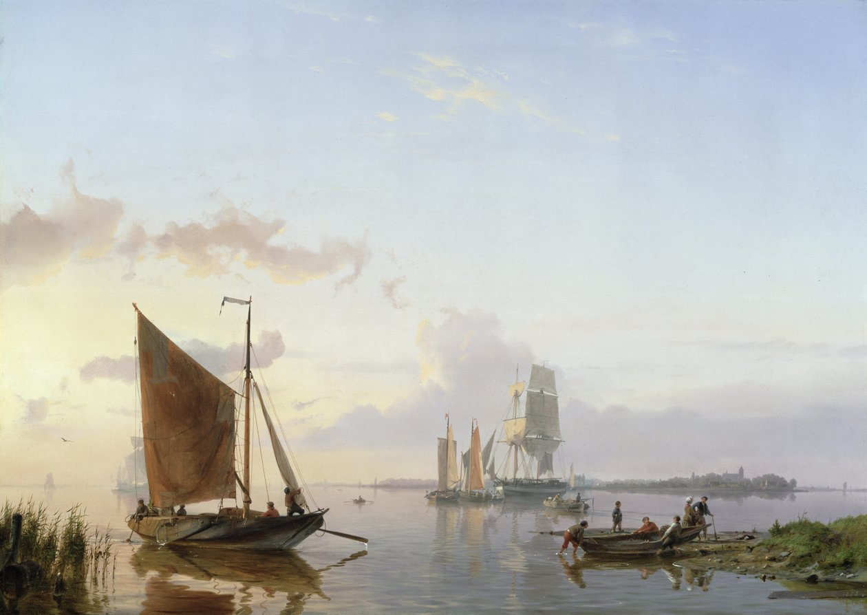 Sejlfartøjer i en flodmunding, 1853 af Johannes Hermann Barend Koekkoek