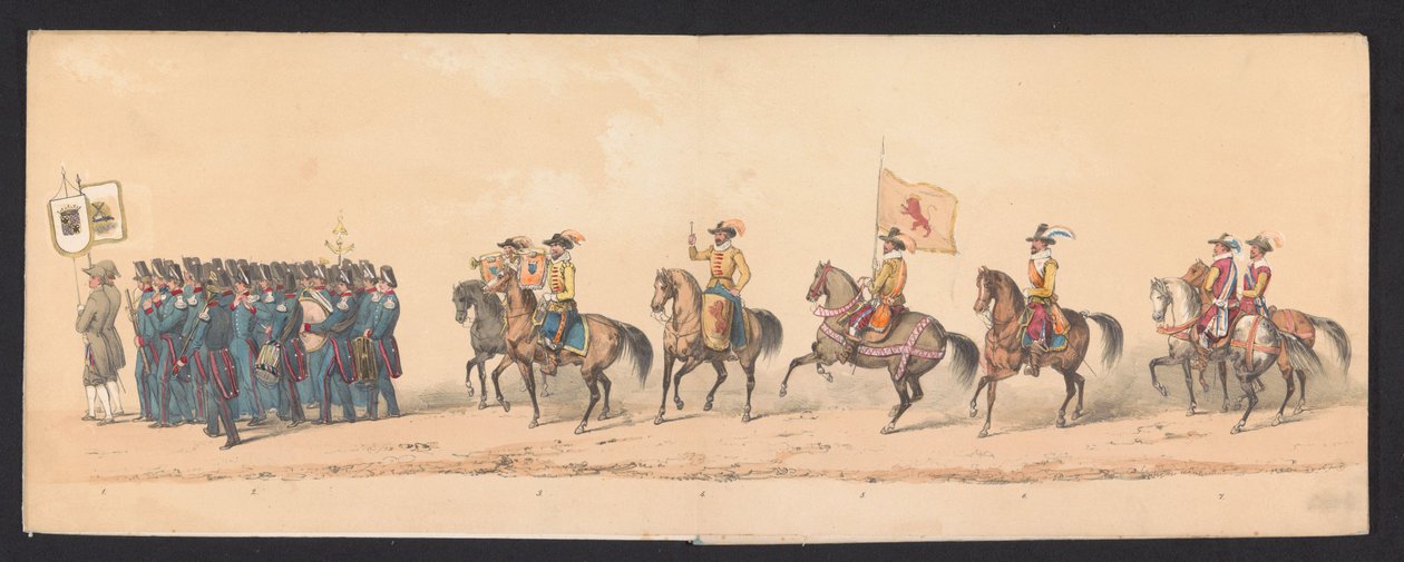 Historisk procession af studerende fra Groningen University of Applied Sciences, 1850 (plade 1) Udklædt fremstilling af indgangen til Maurits, Prins af Orange, Greve af Nassau osv. og Willem Lodewijk, Greve af Nassau, i Groningen i år 1594, af H.H. af Johannes Hermanus van de Weijer