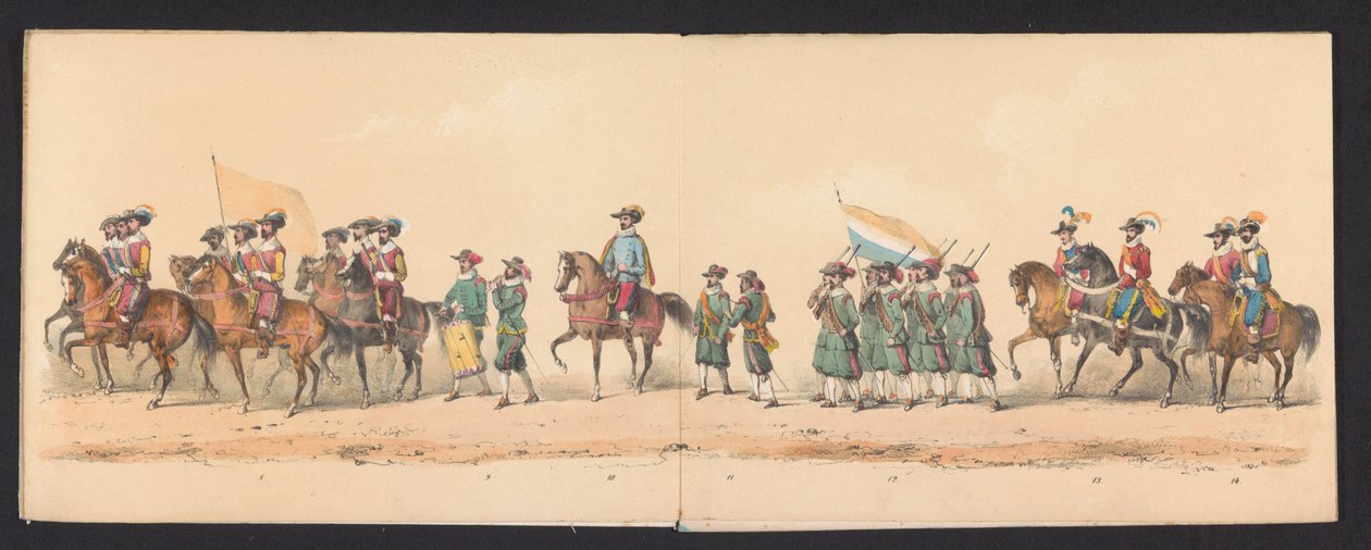 Historisk procession af studerende fra Groningen University of Applied Sciences, 1850 (plade 2) Udklædt fremstilling af indgangen til Maurits, Prins af Orange, Greve af Nassau osv. og Willem Lodewijk, Greve af Nassau, i Groningen i år 1594, af H.H. af Johannes Hermanus van de Weijer