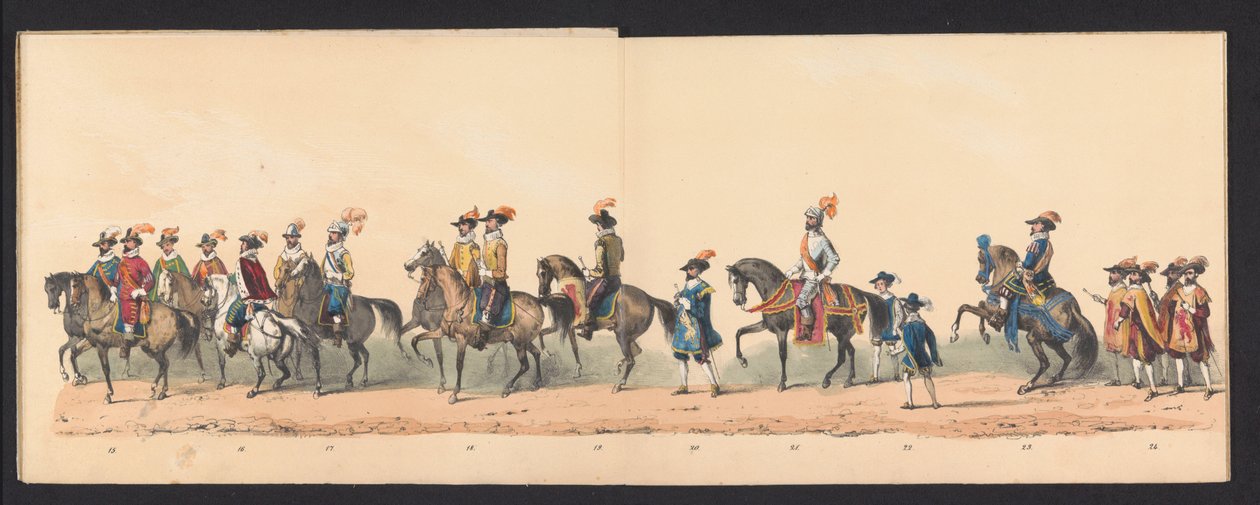 Historisk procession af studerende fra Groningen University of Applied Sciences, 1850 (plade 3) Udklædt fremstilling af indgangen til Maurits, Prins af Orange, Greve af Nassau osv. og Willem Lodewijk, Greve af Nassau, i Groningen i år 1594, af H.H. af Johannes Hermanus van de Weijer