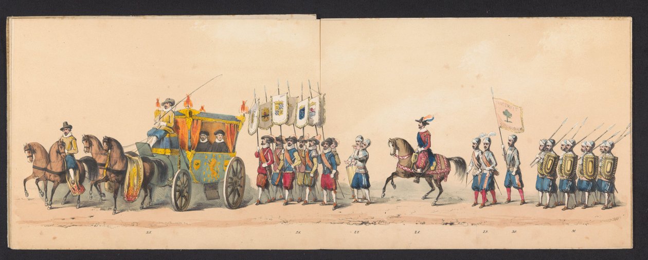 Historisk procession af studerende fra Groningen University of Applied Sciences, 1850 (plade 4) Udklædt fremstilling af indgangen til Maurits, Prins af Orange, Greve af Nassau osv. og Willem Lodewijk, Greve af Nassau, i Groningen i år 1594, af H.H. af Johannes Hermanus van de Weijer