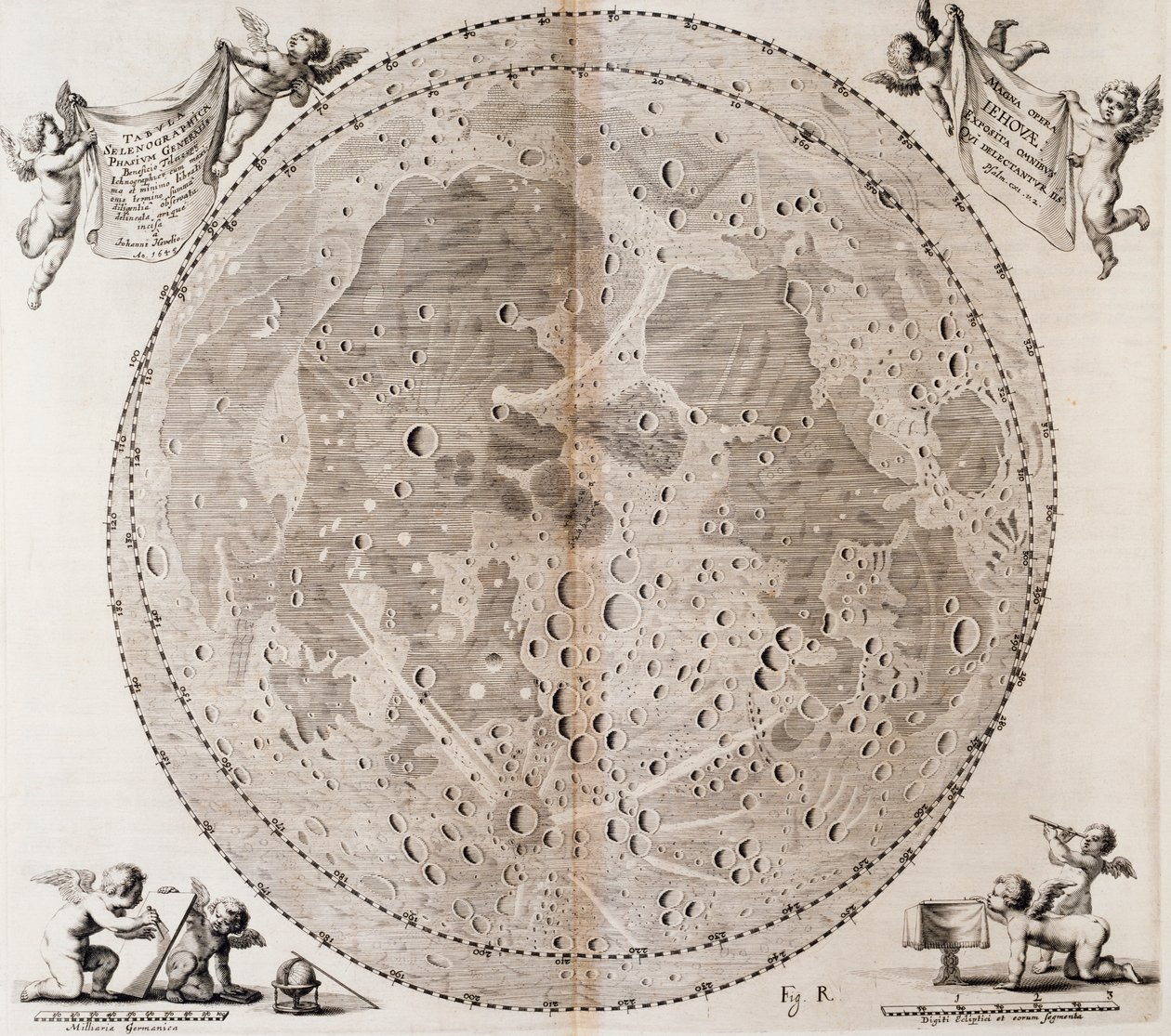 Første detaljerede kort over månen tegnet i 1647 af Johann Hevelius, tryk taget fra Johann Hevelius