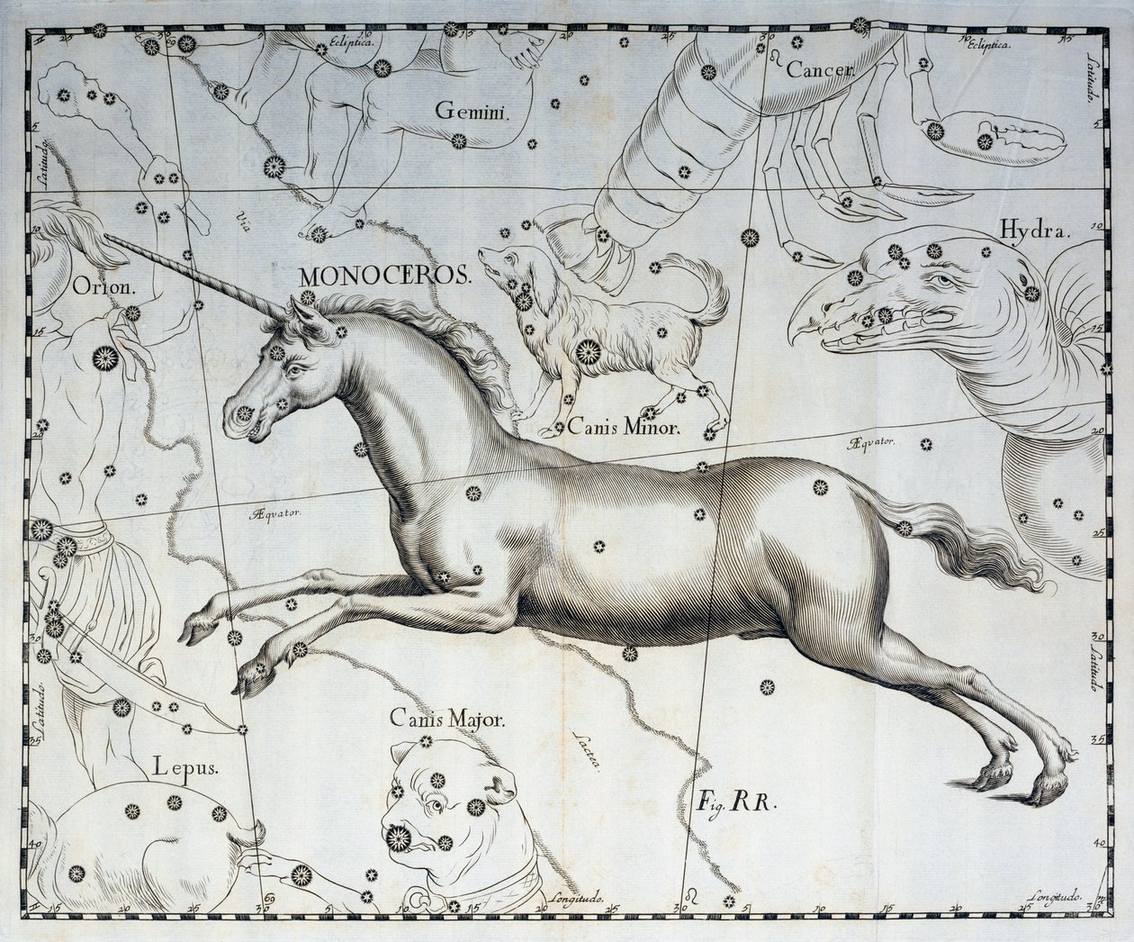 Monoceros, enhjørningens stjernebillede, gravering fra det himmelske atlas Firmamentum Sobiescianum sive Uronographia, af Johann Hevelius (1611-1687), Gdansk af Johannes Hevelius