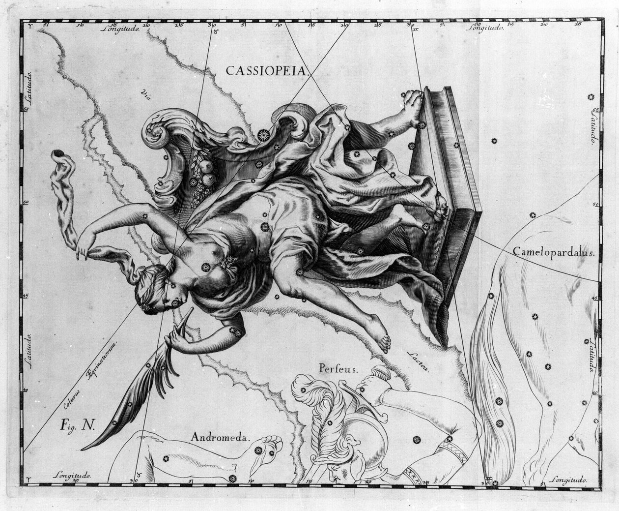 Konstellationen Cassiopee: Cassiopee, hustru til kongen af ​​Etiopien Cephee, siddende på en stol prydet med palmer. Tallerken tegnet fra "" Firmamentum Sobiescanum sive Uranographia"" af Johannes Hevelius eller Hevel (1611-1687) af Johannes Hevelius