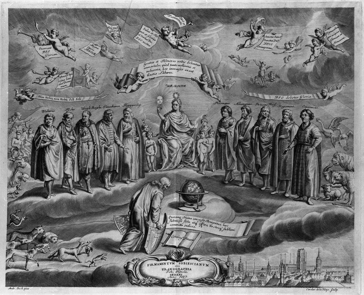 De berømte astronomer. Blandt dem fra venstre mod højre: Walterus (?), Tycho Brahe (Tyge Ottesen Brahe), kendt som Den ædle danske eller Manden med den gyldne næse (1546-1601), Ulugh Beg (Oulough Beg, Oulugbek) ( 1394- 1449), Timocharis af Alexandria (ca.  af Johannes Hevelius