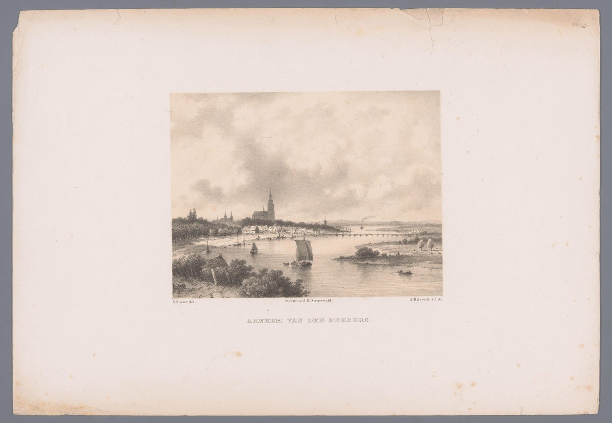 Udsigt over Arnhem fra Rehberg Arnhem van den Rehberg (titel på objekt) Hollandsk by- og havneudsigt efter tegninger af Everhardus Koster (serietitel) E. Kosters skitsebog: Dutch City and Harbour Views (serietitel) af Johannes Hilverdink