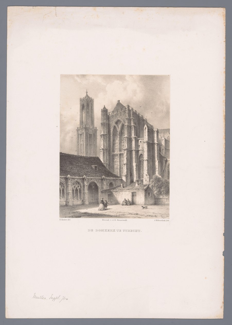 Udsigt over Dom-kirken og Dom-tårnet i Utrecht Domkirken i Utrecht (titel på objekt) Hollandsk by- og havneudsigt efter tegninger af Everhardus Koster (serietitel) E. Kosters skitsebog: Dutch City and Harbour Views (serietitel) af Johannes Hilverdink