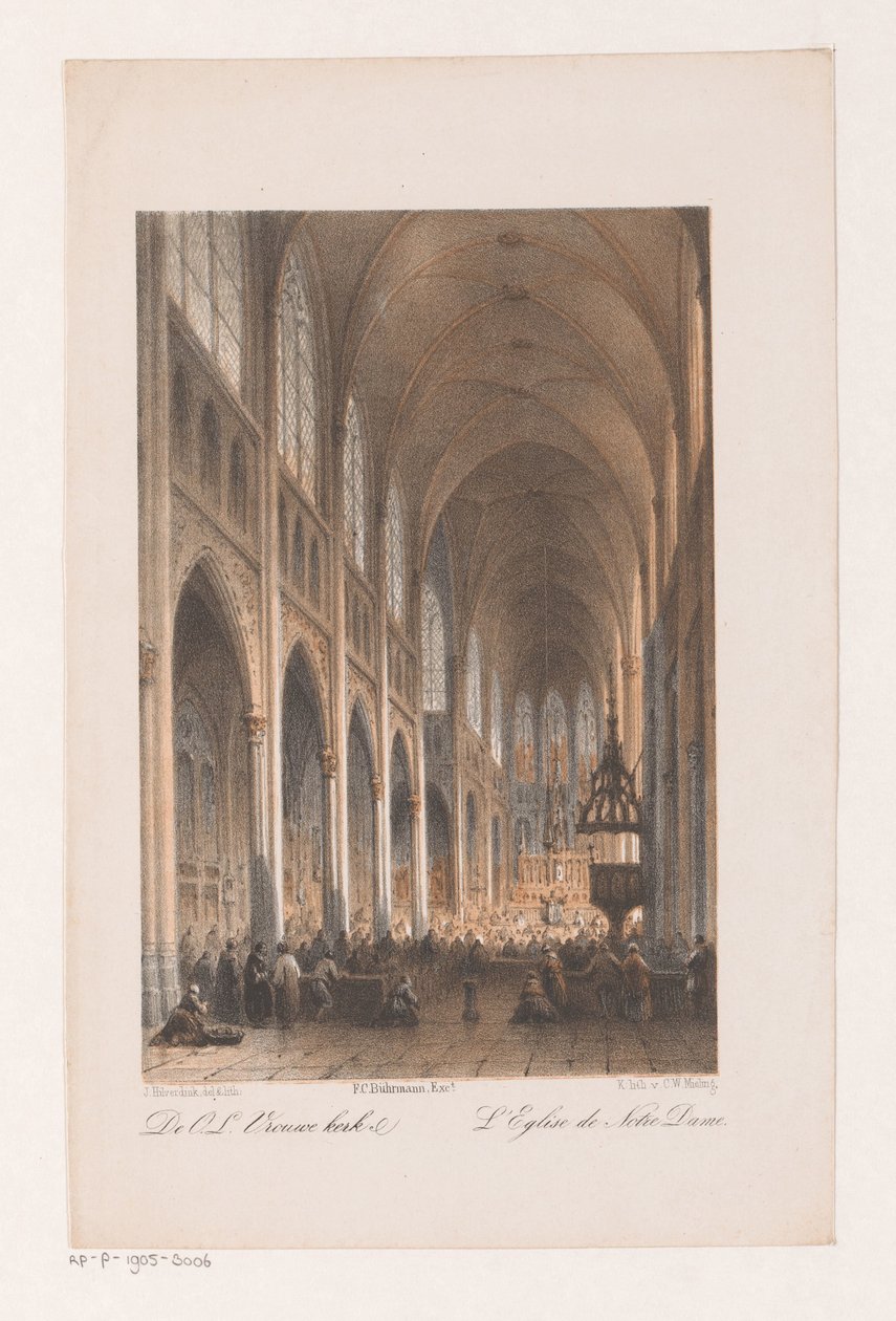Interiør af Onze Lieve Vrouwe-kirken i Amsterdam Vor Frue Kirke (titel på objekt) af Johannes Hilverdink