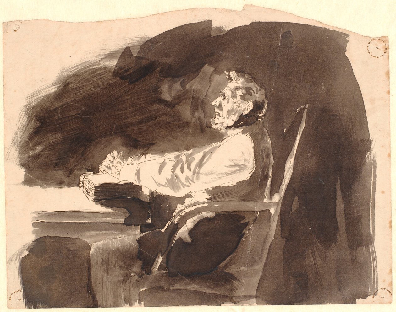 Gammel mand ved et bord med en bibel af Johannes Holbek