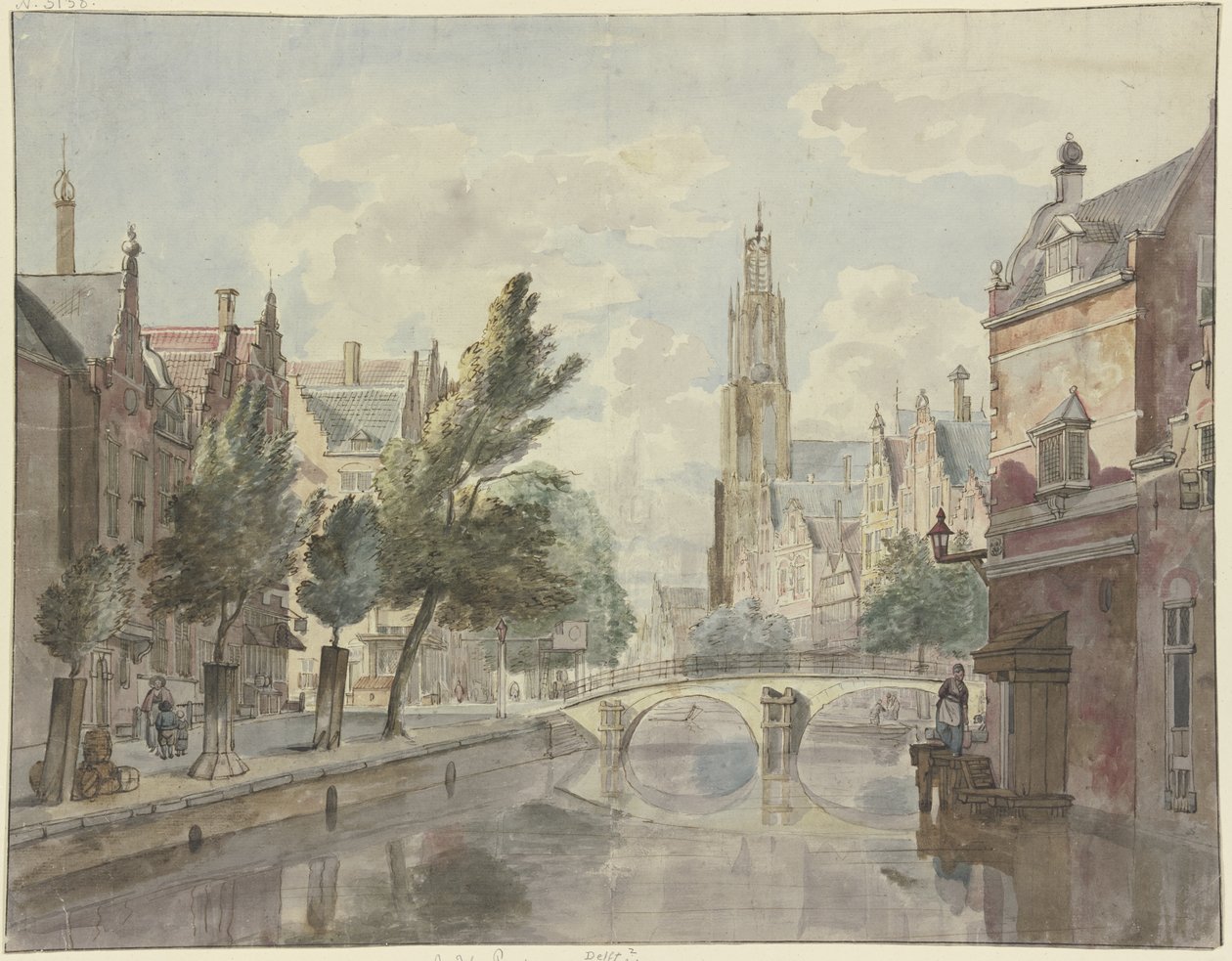 En stenbro over en kanal, med en katedral i baggrunden og en lygte til højre ved huset af Johannes Huibert Prins