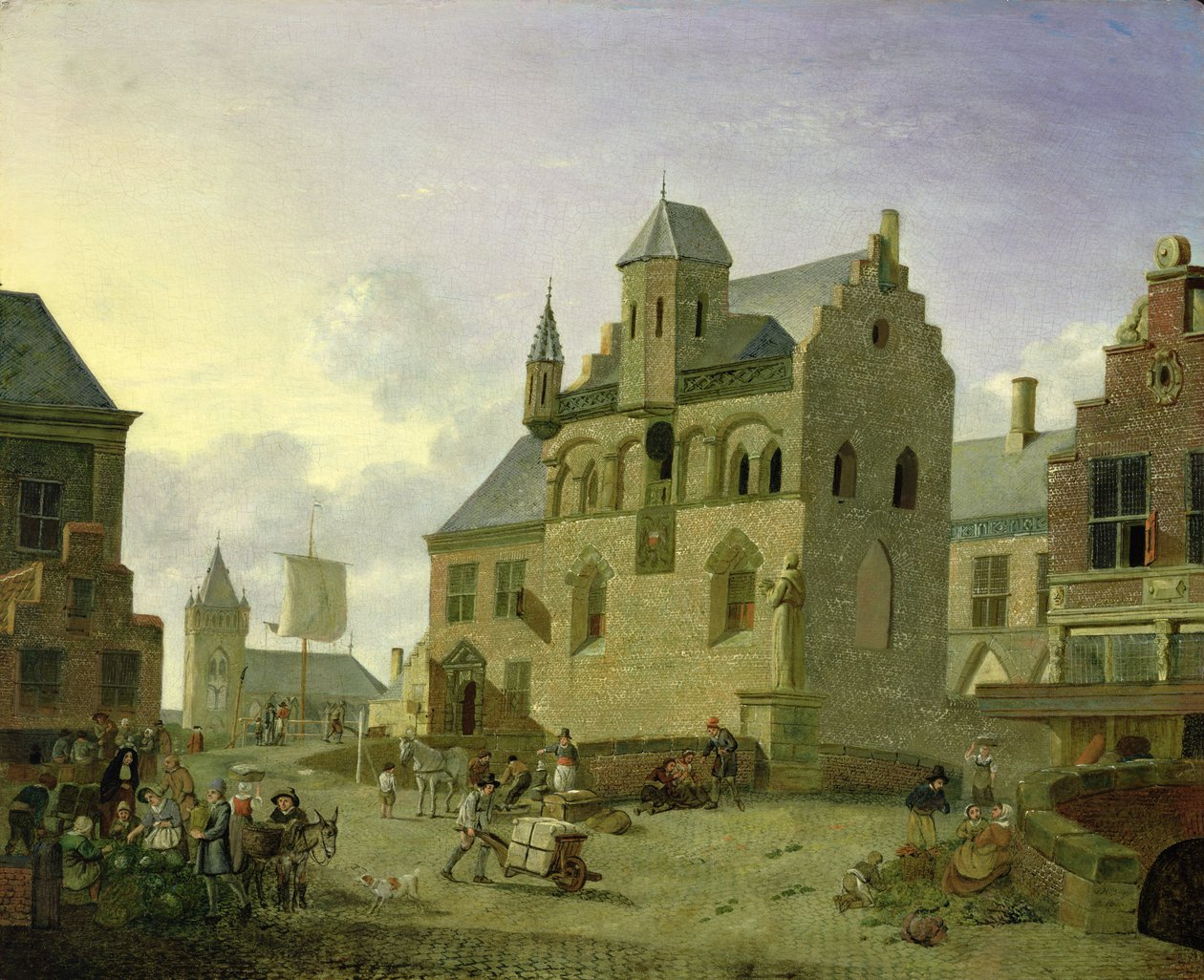 Bytorv med figurer og bønder, der handler på en markedsplads (panel) af Johannes Huibert Prins