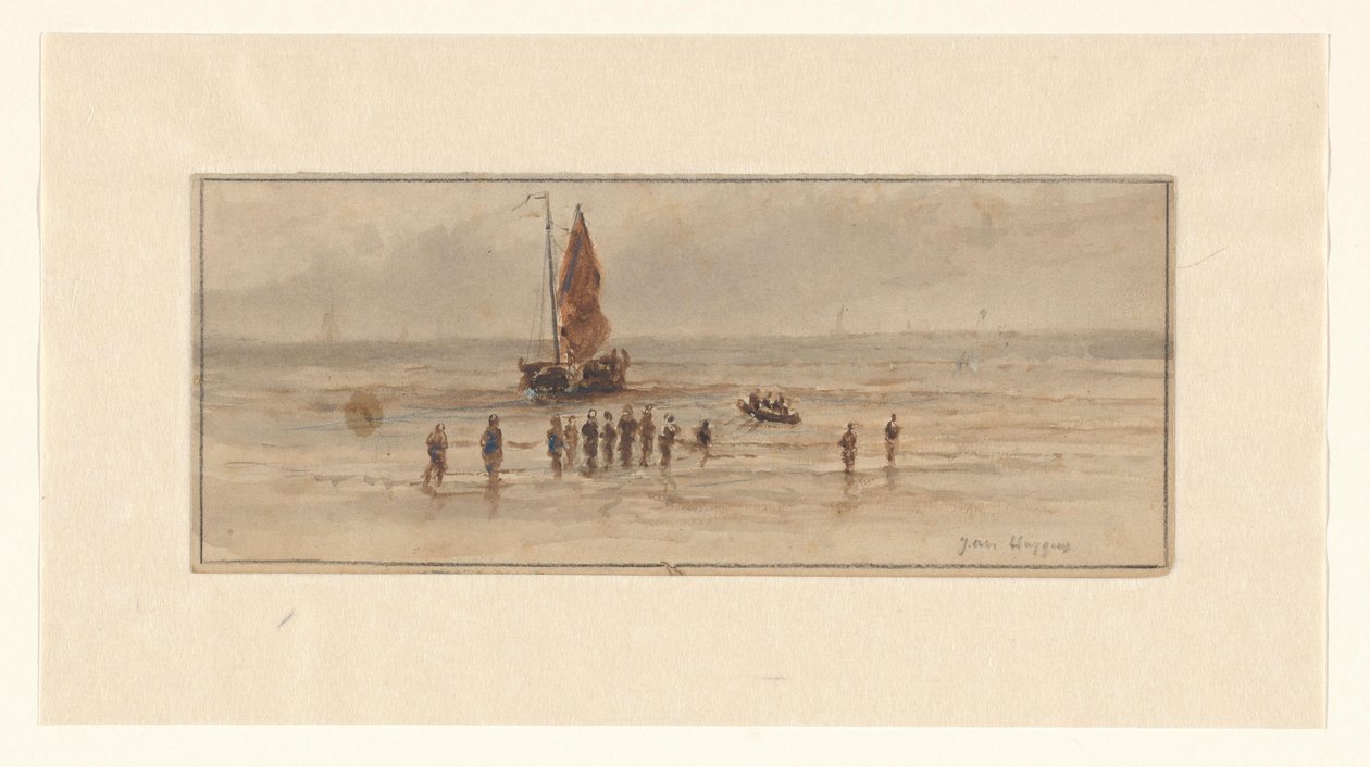 Strandscene med fiskere og sejlskib af Johannes Huygens (signed by artist)