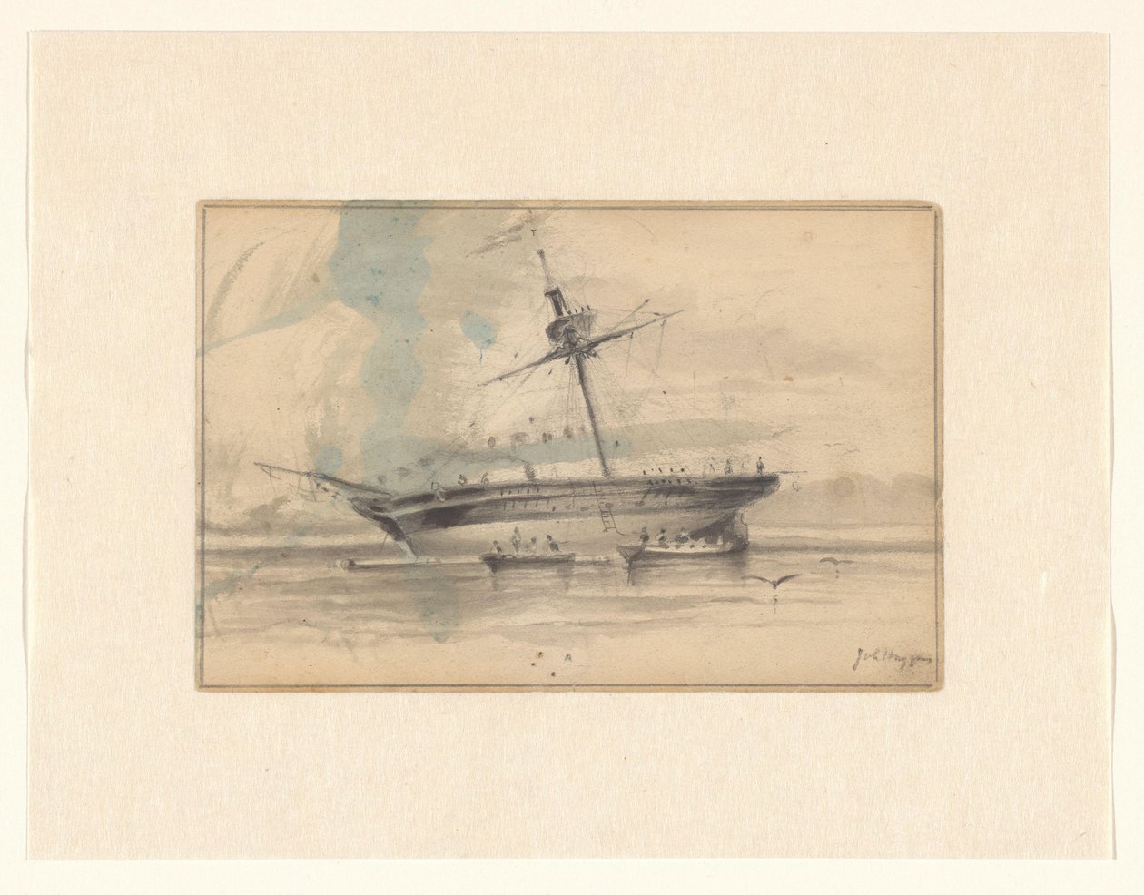 Sejlskib med to robåde af Johannes Huygens (signed by artist)