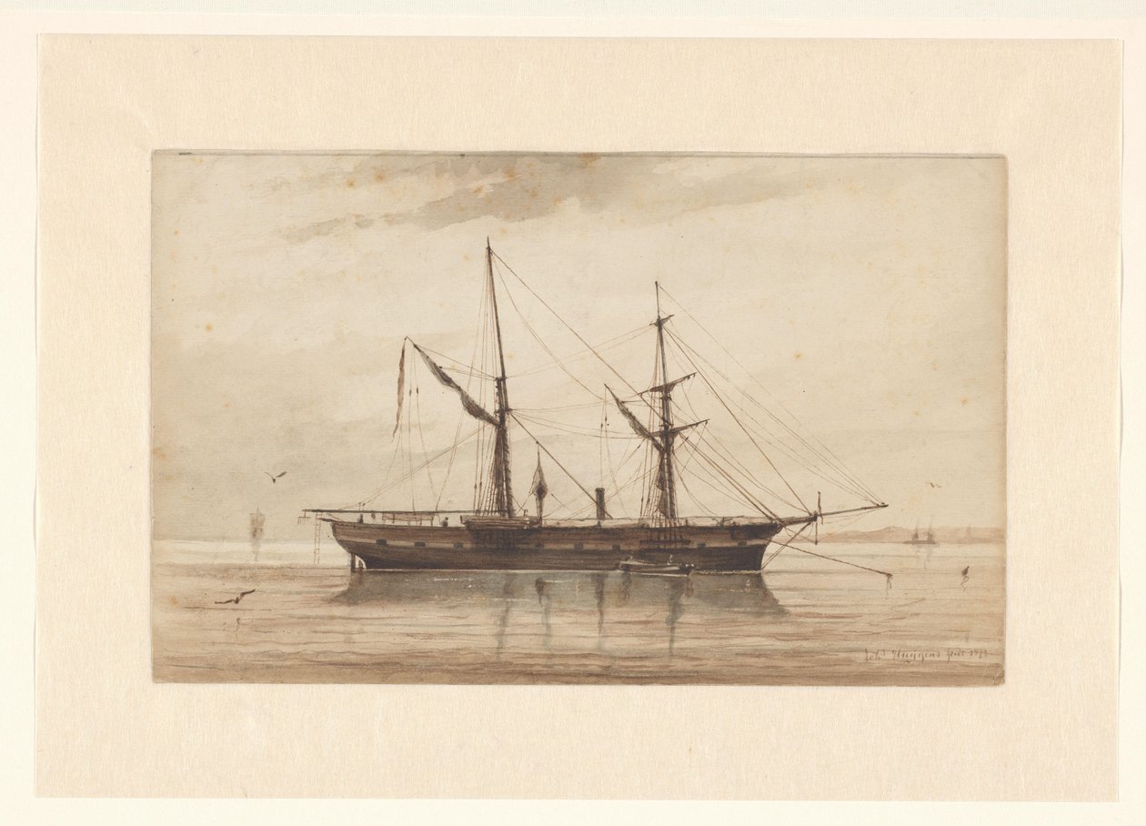 Sejlskib for anker i roligt vand af Johannes Huygens (signed by artist)