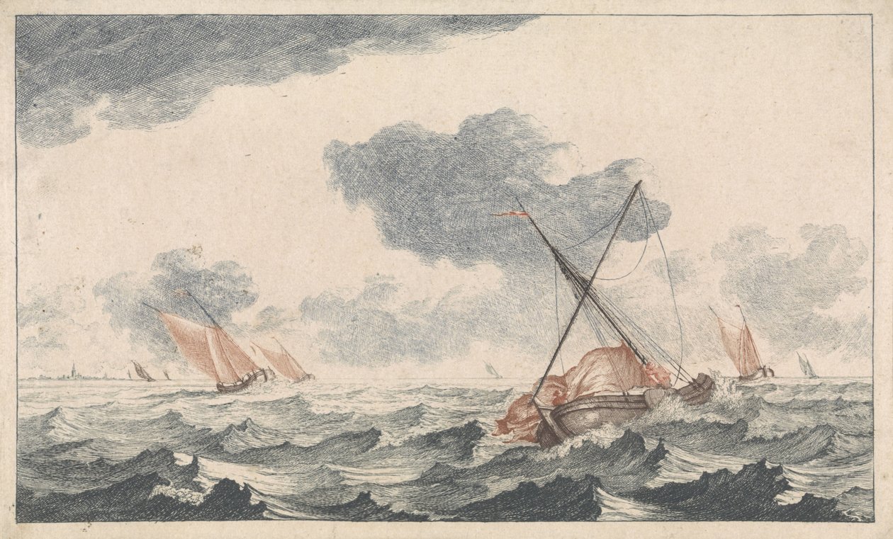 Strygning af sejlet Skibe til søs (serie A) (serietitel) af Johannes Jacobsz van den Aveele (attributed to)