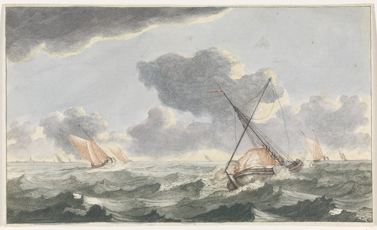 Strygning af sejlet Skibe til søs (serie A) (serietitel) af Johannes Jacobsz van den Aveele (attributed to)