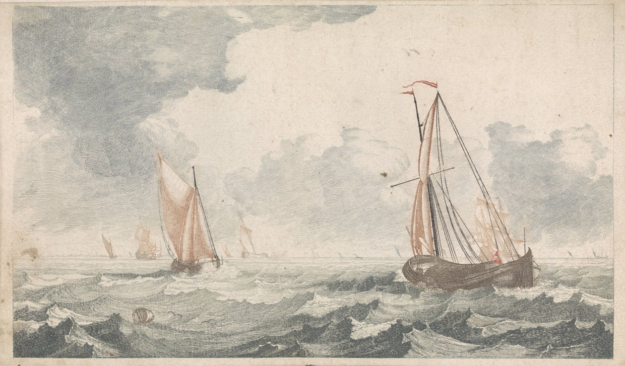To fladbundede både sejler mod hinanden Skibe til søs (serie A) (serietitel) af Johannes Jacobsz van den Aveele