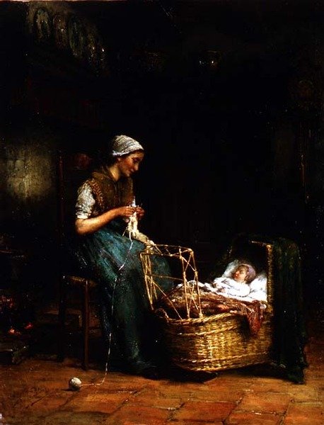 Mor og barn i et sommerhusinteriør (se også 18091) af Johannes Jacobus Paling