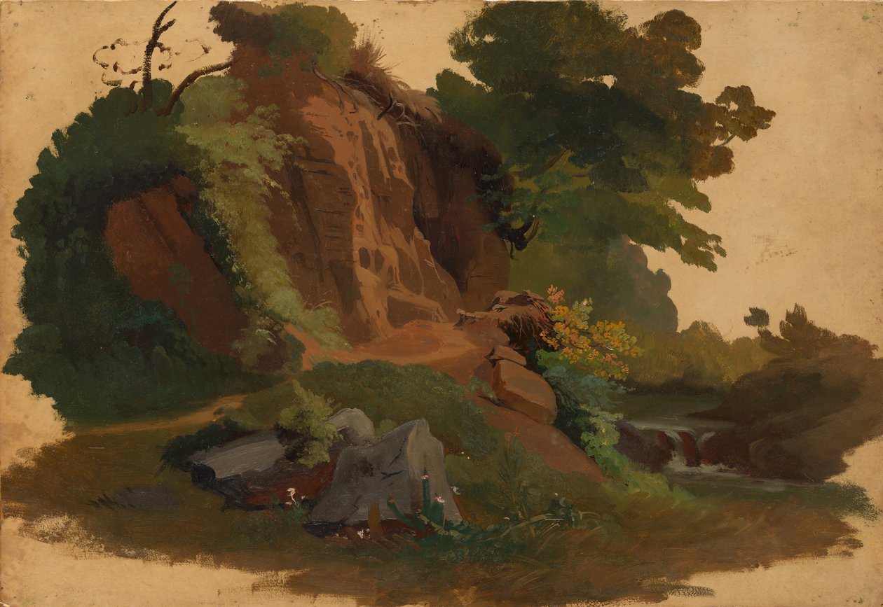 Klippefremspring ved en å i den romerske Campagna, ca. 1835-40. af Johannes Jakob Frey