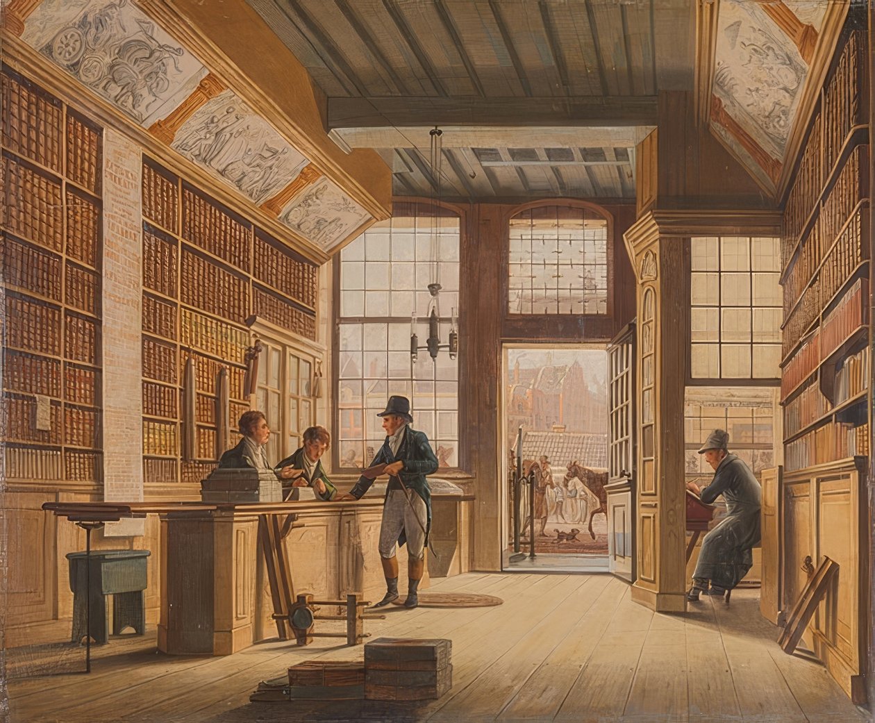 Der Laden des Buchhändlers Pieter Meijer Warnars am Vijgendam i Amsterdam. 1820 af Johannes Jelgerhuis