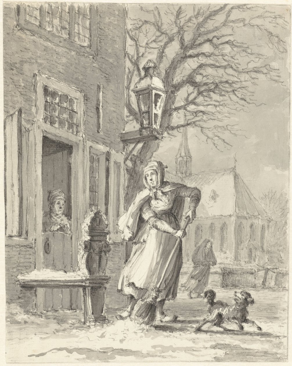 En stuepige er ved at rydde sne til et hus af Johannes Jelgerhuis