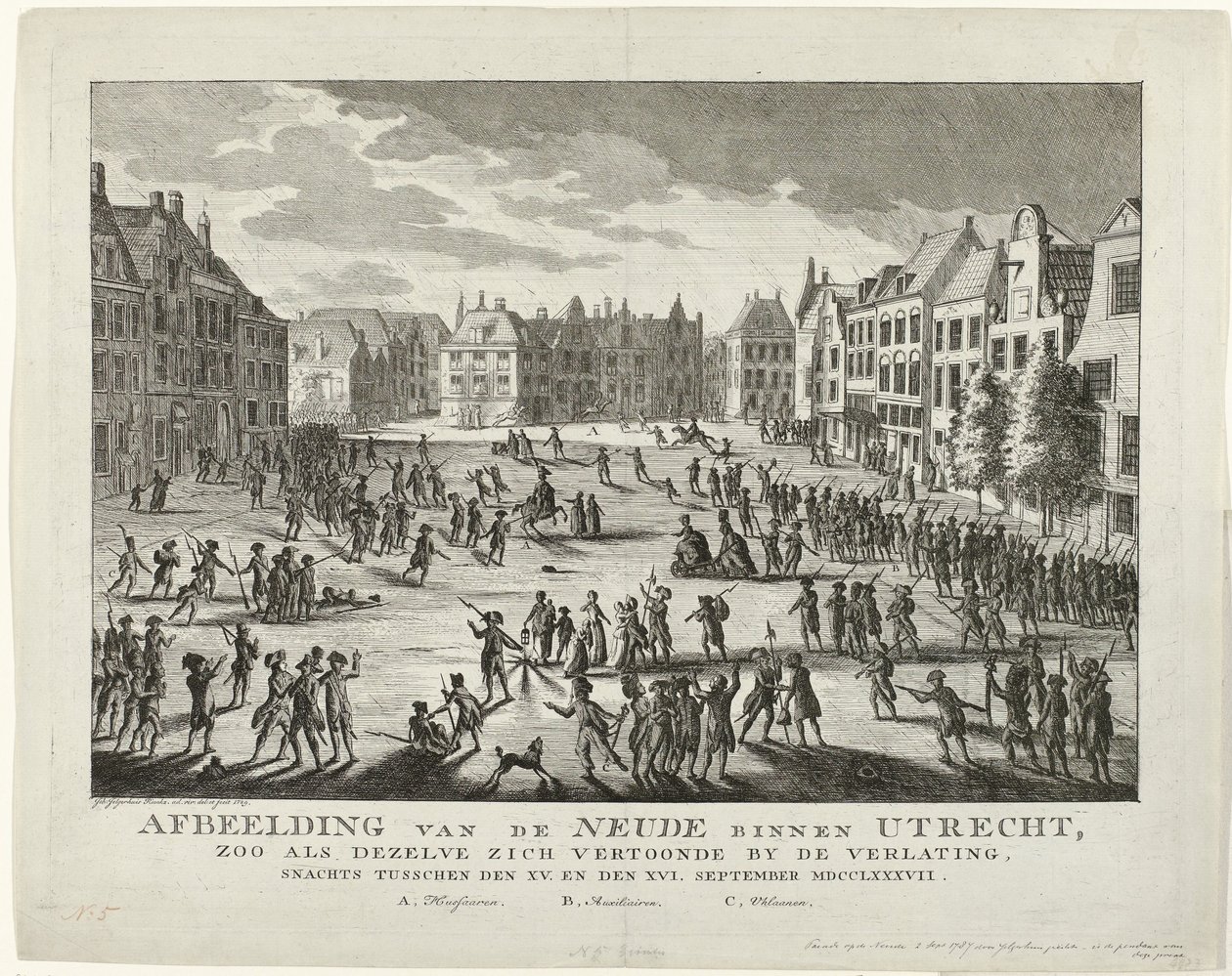 Patrioter forlader Neude i Utrecht, 1787 Skildring af Neude i Utrecht, som den så ud, da den blev forladt om natten mellem XV. og XVI. september MDCCLXXXVII (titel på objekt) af Johannes Jelgerhuis