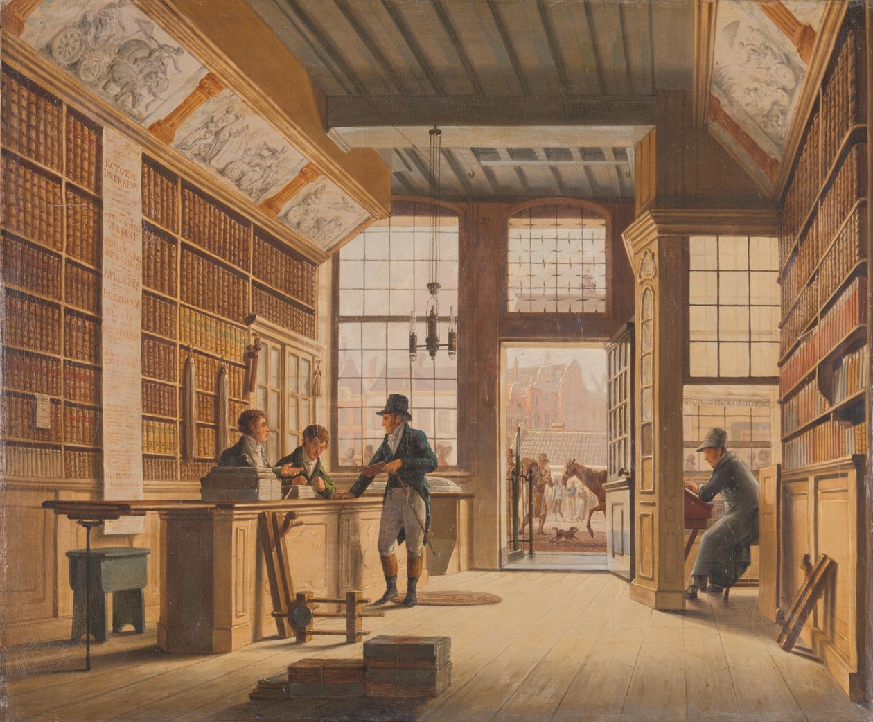 Boghandlerens butik Pieter Meijer Warnars på Vijgendam i Amsterdam Pieter Meijer Warnars (1792-1869) boghandel på Vijgendam, Amsterdam af Johannes Jelgerhuis