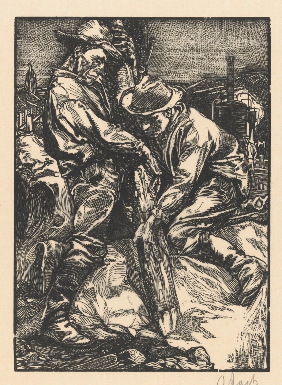 Bygningsarbejdere i gang med pæling af Johannes Josephus Aarts (signed by artist)