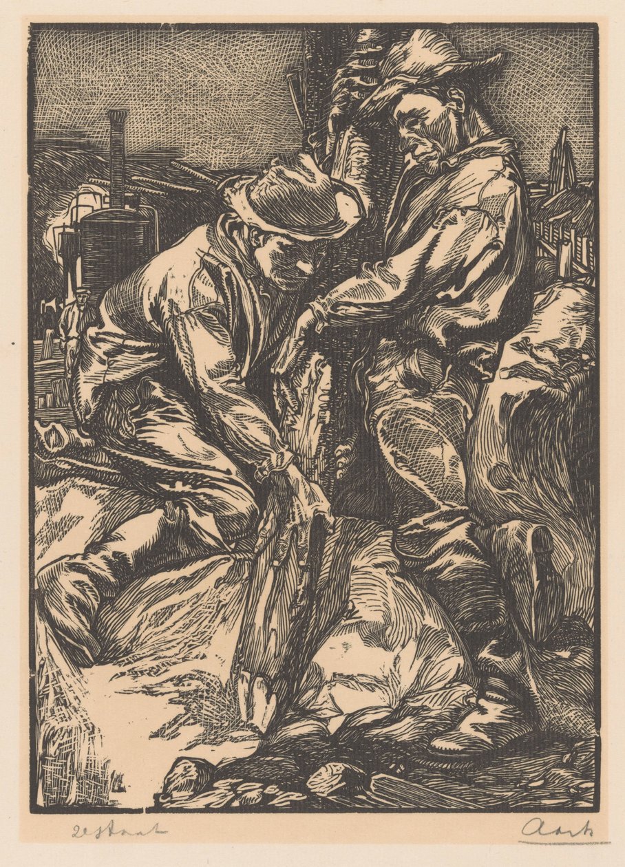 Bygningsarbejdere i gang med pæling af Johannes Josephus Aarts (signed by artist)