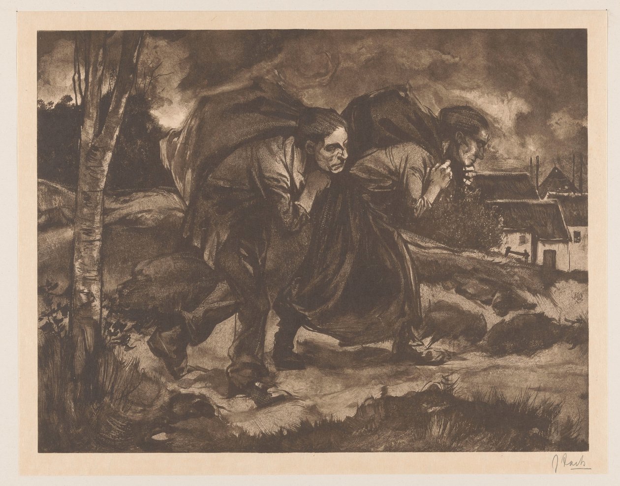 Mand og kvinde med taske på ryggen af Johannes Josephus Aarts (signed by artist)