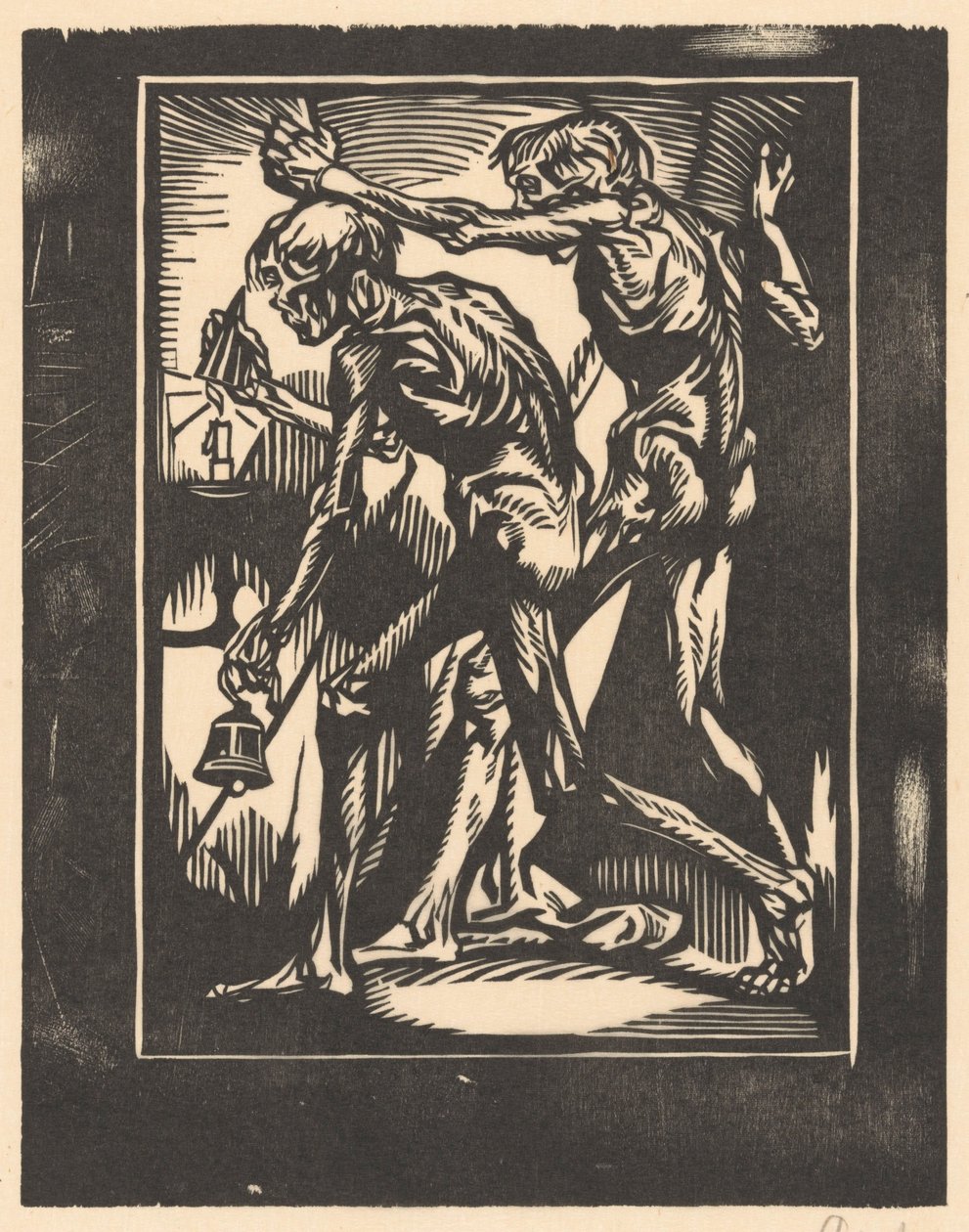 To nøgne mandsfigurer med klokke og lysslukker af Johannes Josephus Aarts (signed by artist)