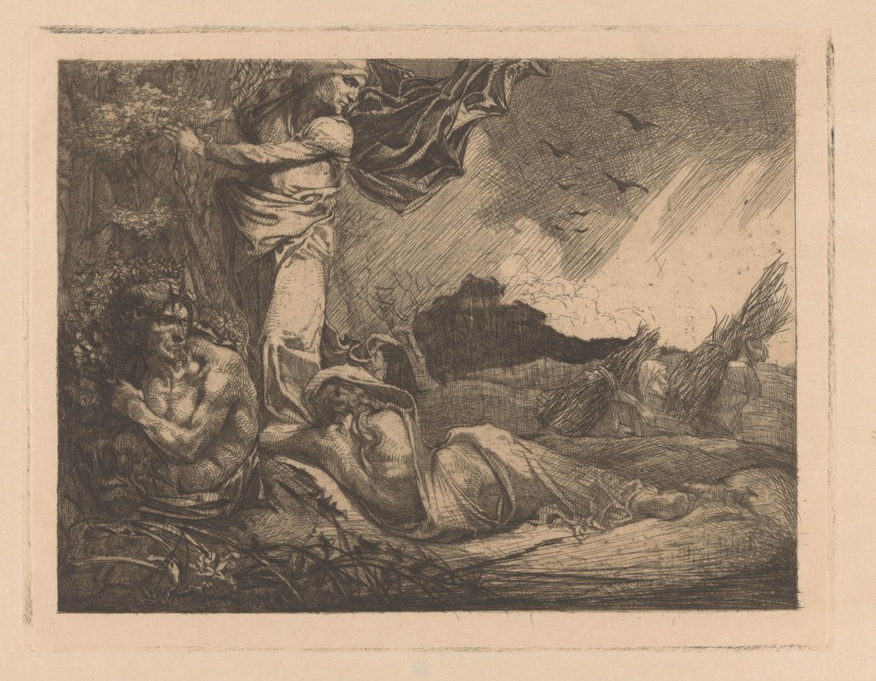 Landskab med hvedemarker, høstmænd, satyr og kvindefigurer af Johannes Josephus Aarts