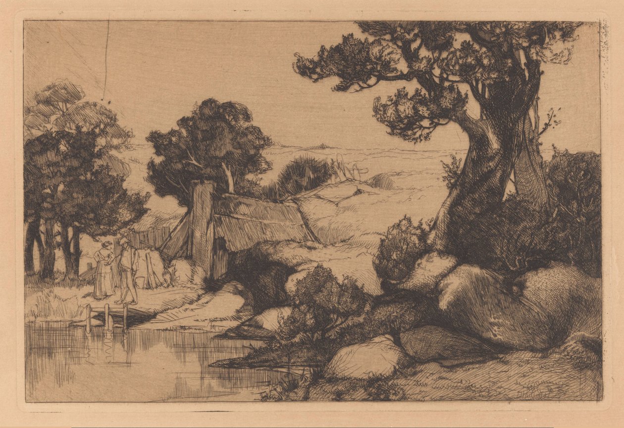 Landskab med mand og kvinde på bredden af Johannes Josephus Aarts
