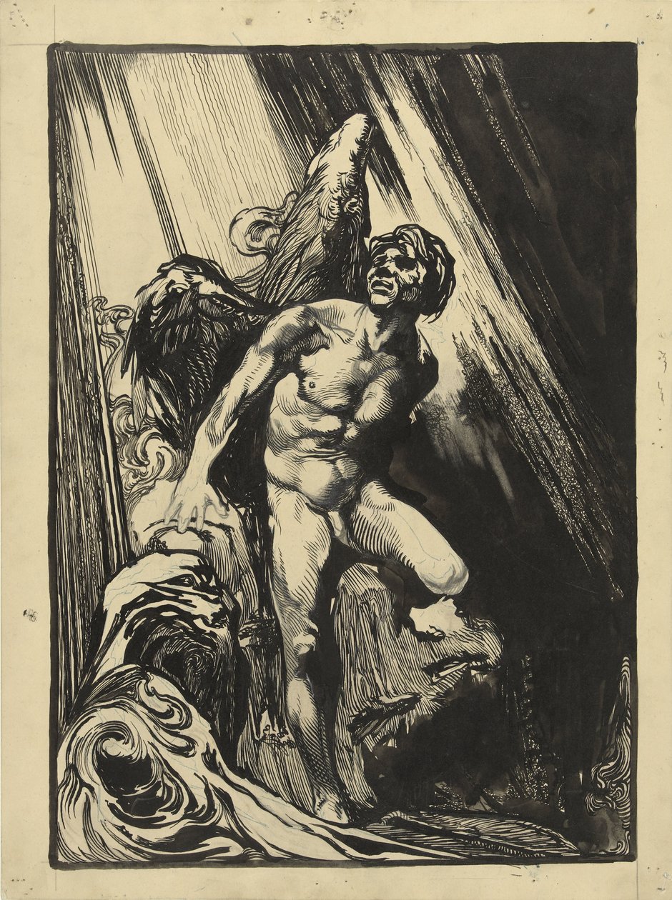 Match i et klippelandskab ved et vandløb og se op til lyset af Johannes Josephus Aarts