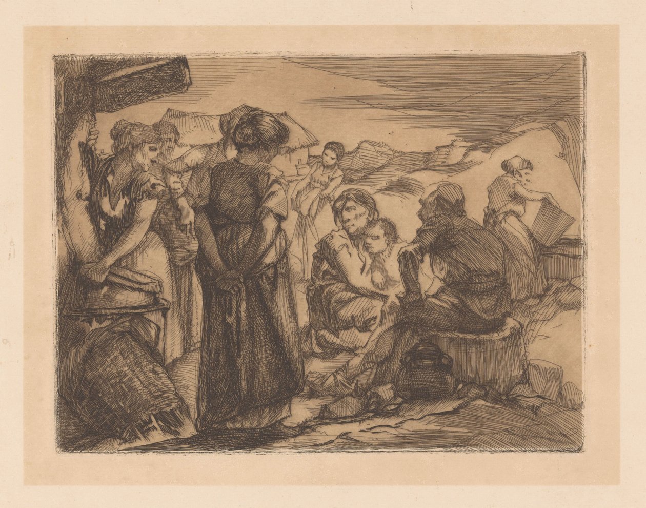 Mand, kvinder og barn i et bakket landskab af Johannes Josephus Aarts