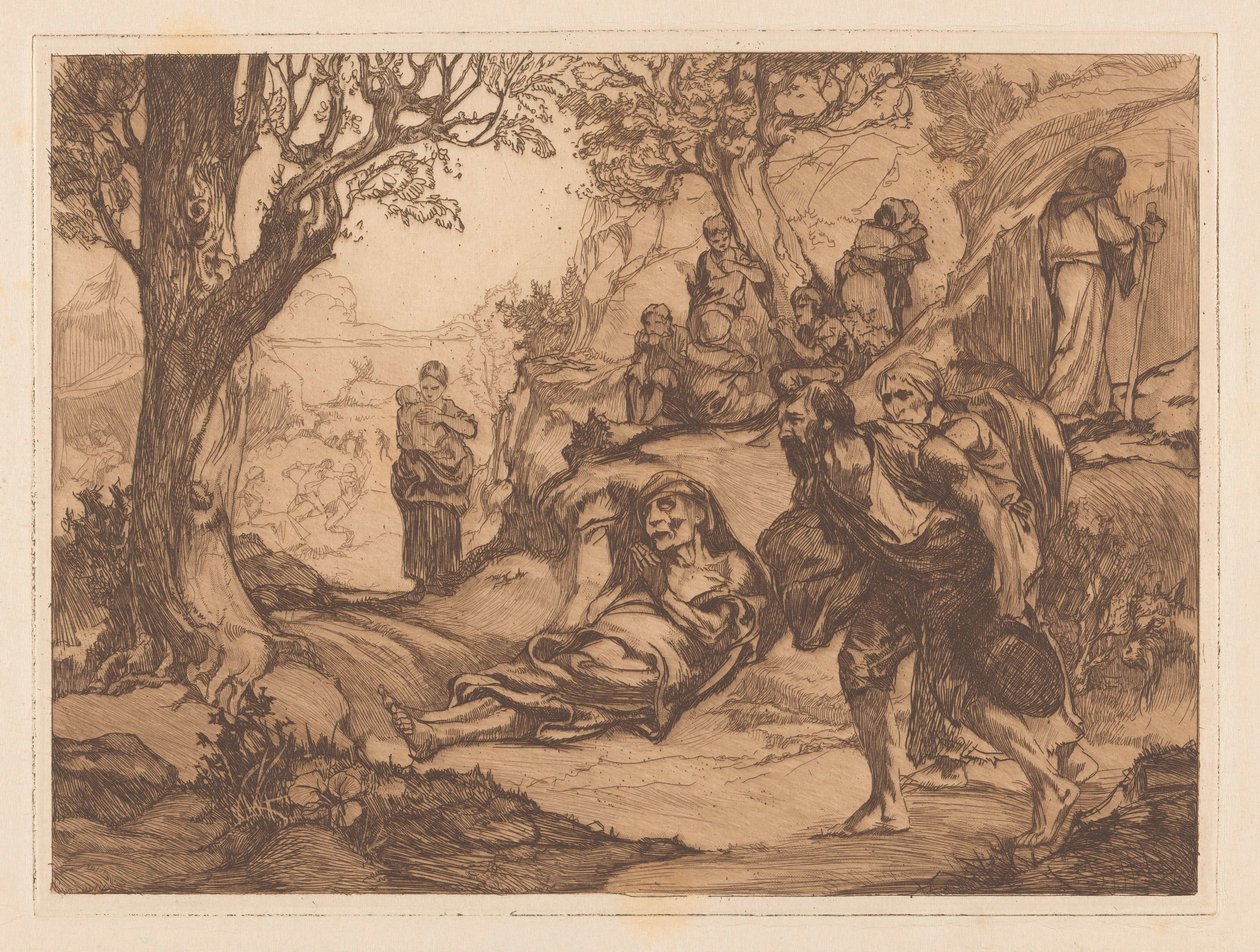 Mænd, kvinder og børn i et bakket landskab af Johannes Josephus Aarts