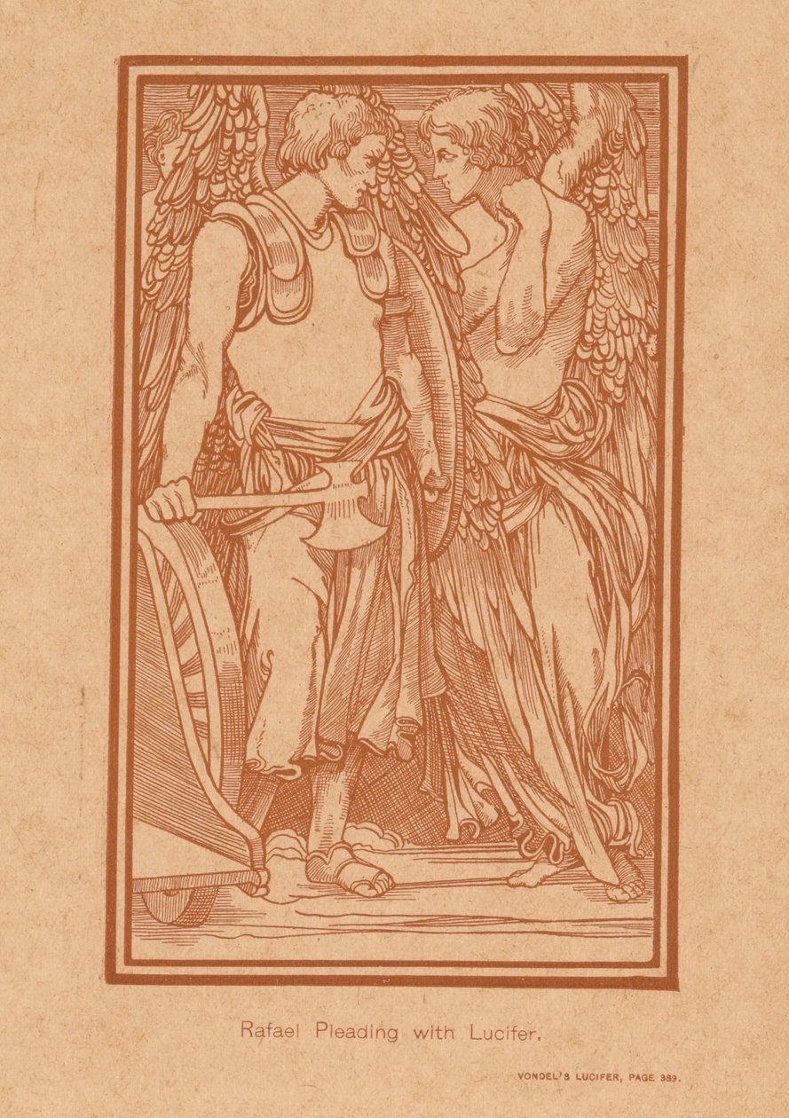 Raphael forsøger at bringe Lucifer til fornuft Rafael bønfalder Lucifer (titel på objekt) af Johannes Josephus Aarts