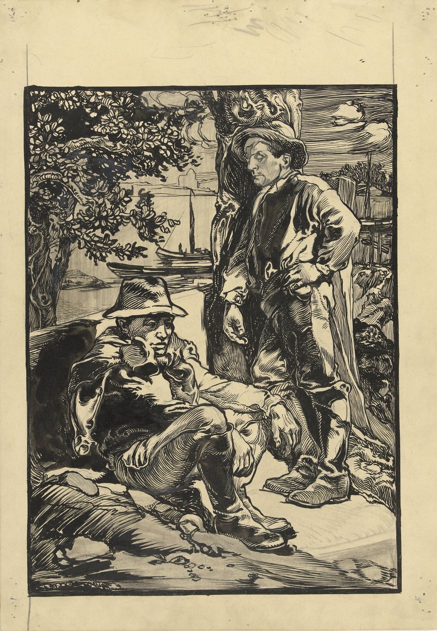 To digearbejdere, den ene siddende, den anden lænet op ad et træ af Johannes Josephus Aarts