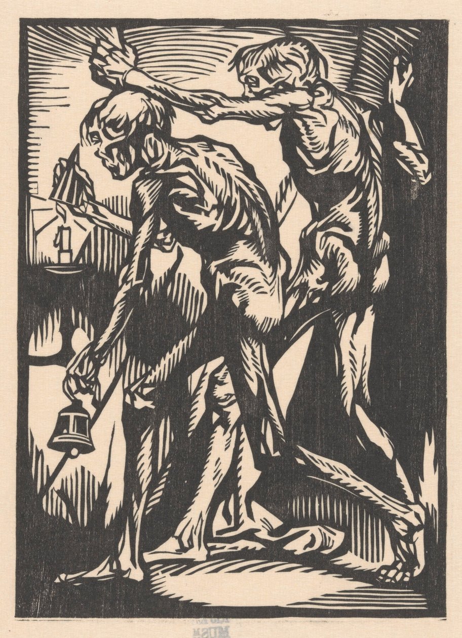 To nøgne mandsfigurer med klokke og lysslukker af Johannes Josephus Aarts