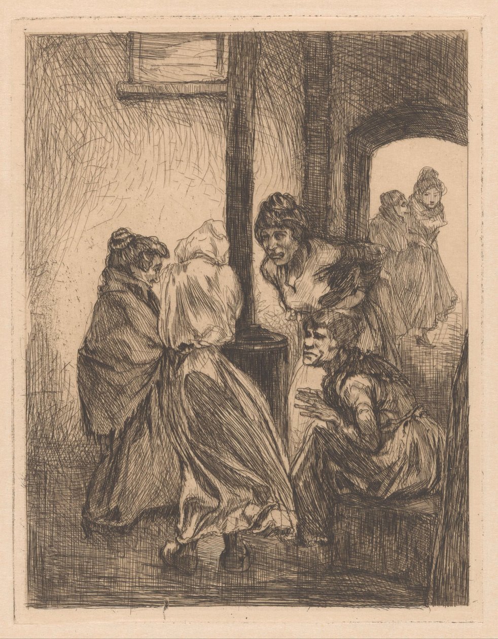 Fire kvinder klemte sig sammen omkring et komfur af Johannes Josephus Aarts