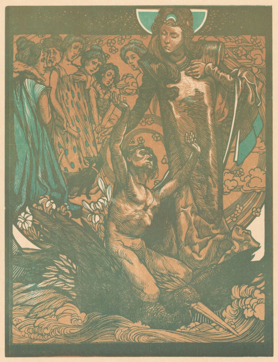 Kvindefigurer med mand på fugleryggen af Johannes Josephus Aarts