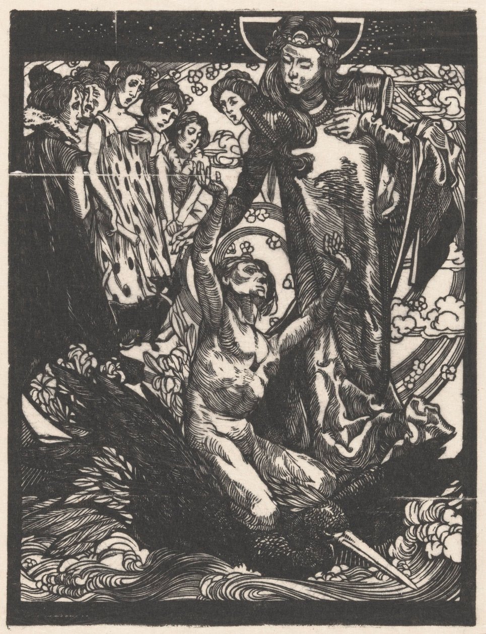 Kvindefigurer med mand på fugleryg af Johannes Josephus Aarts