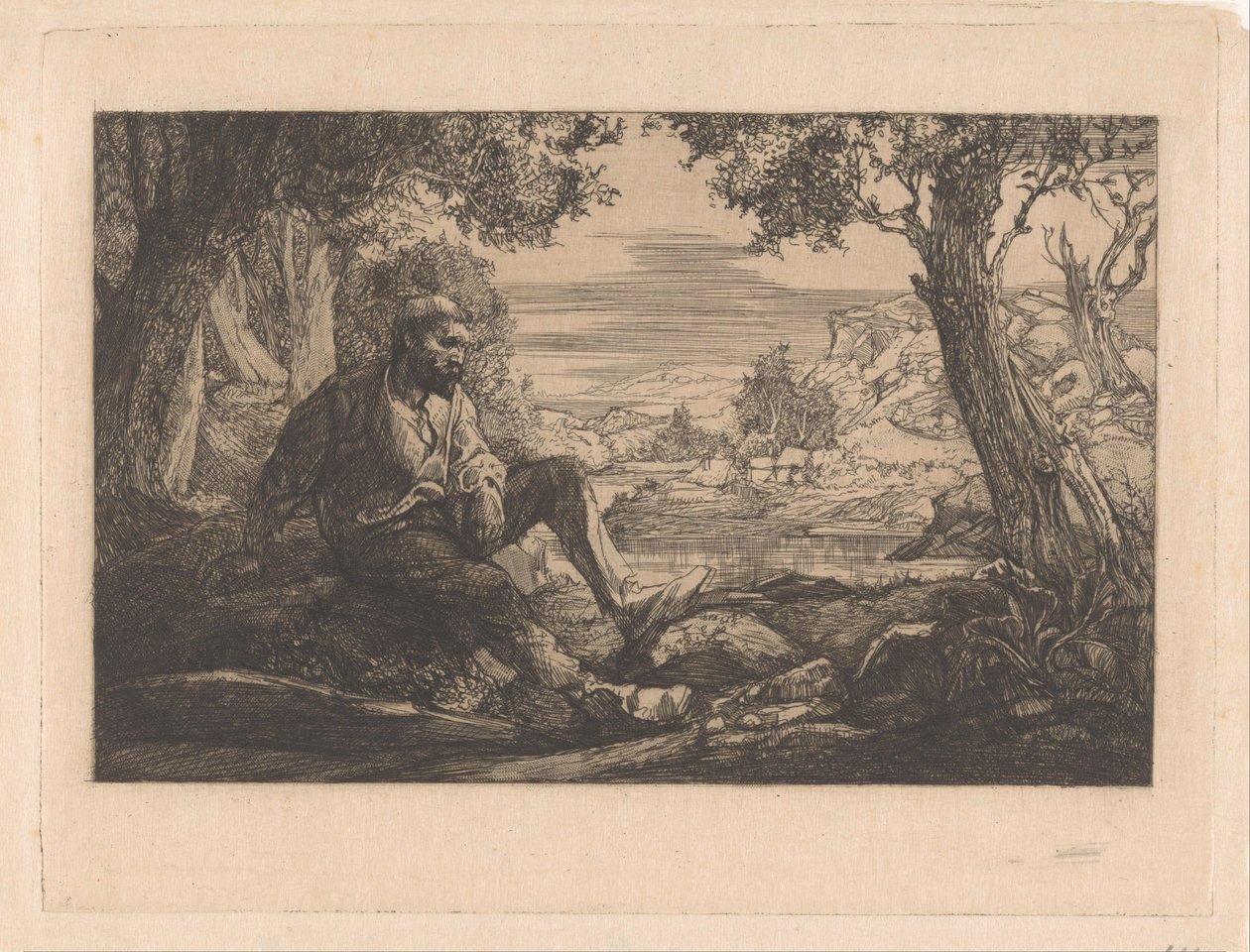 Siddende mand i bakket landskab af Johannes Josephus Aarts