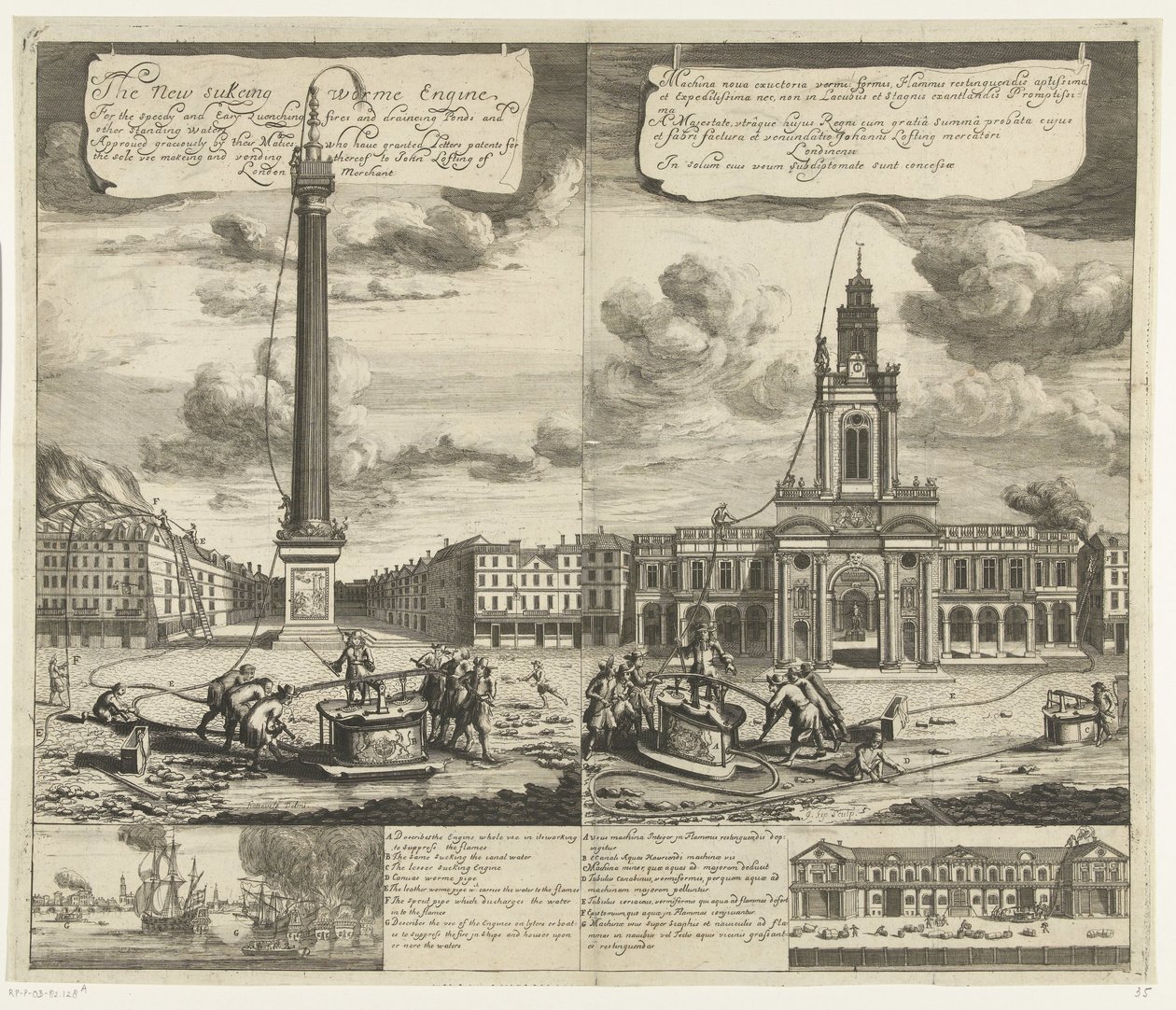 Brug af slangbrandspuiten i London, ca. 1690-1700 Den nye Sukeing Worme Engine Til hurtig og nem slukning af brande og dræning af damme og andet stillestående vand (...) (titel på objektet) Machina nova exuctoria vermi: formis Flammis restinguendi af Johannes Kip