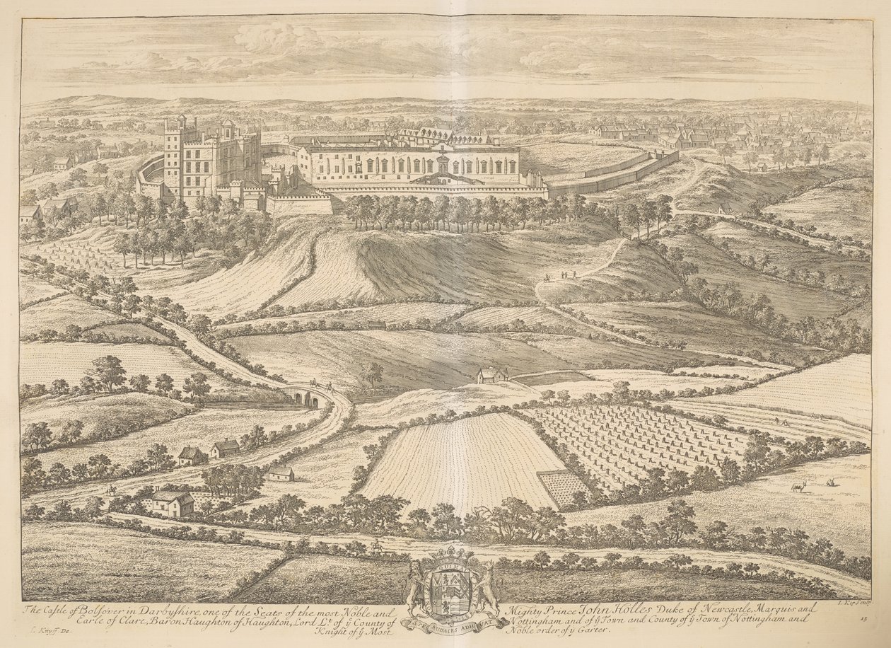 The Castle of Bolsover i Darbyshire: et af sæderne for den mest noble og mægtige prins John Holles hertug af Newcastle, markis og jarle af Clare, Baron Haughton, løjtnant i ye County of Nottingham og i ye Town and County of ye Town af Nottingham an af Johannes Kip