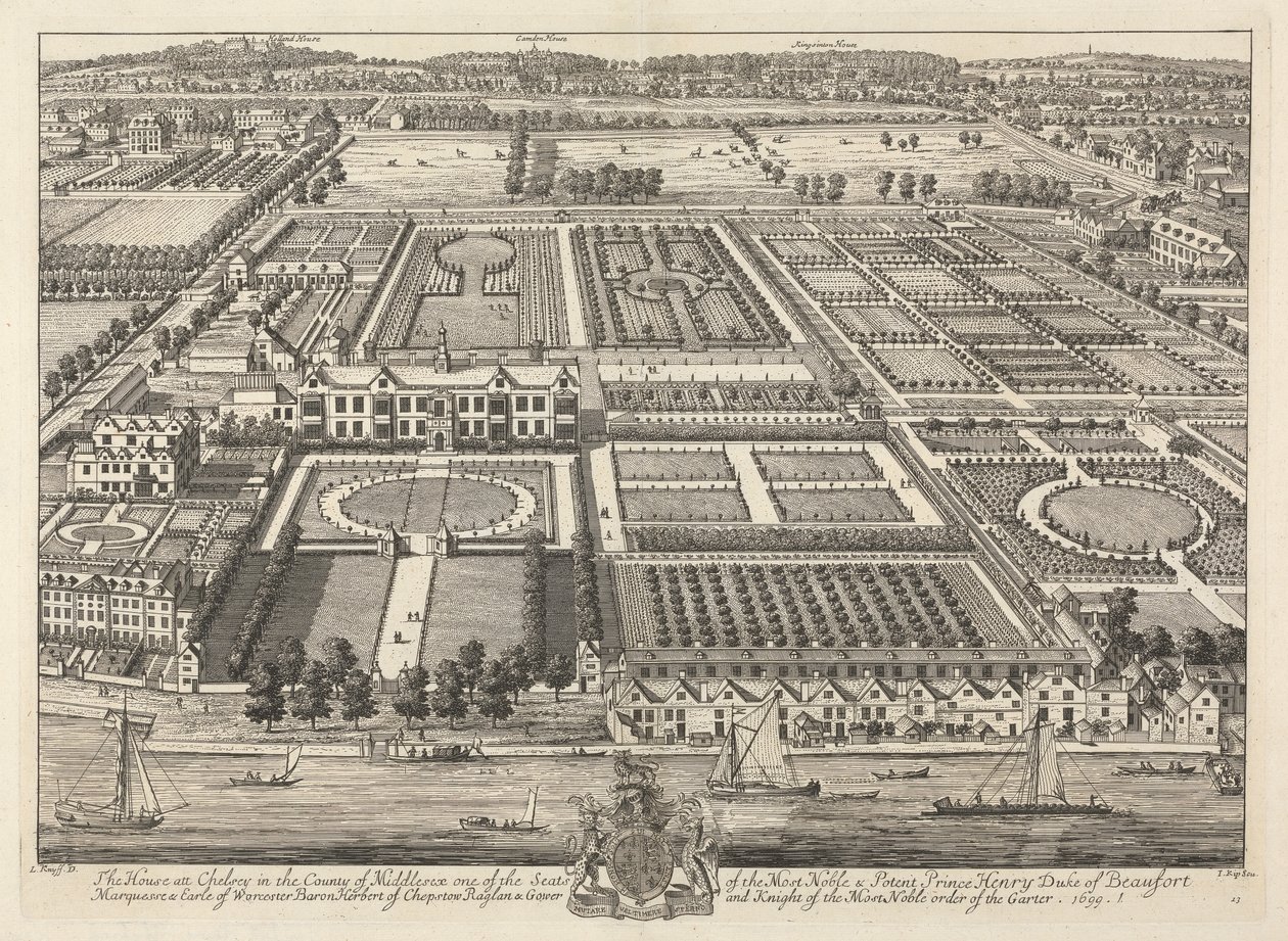 Udsigt over Beaufort House og Chelsea 1699 af Johannes Kip