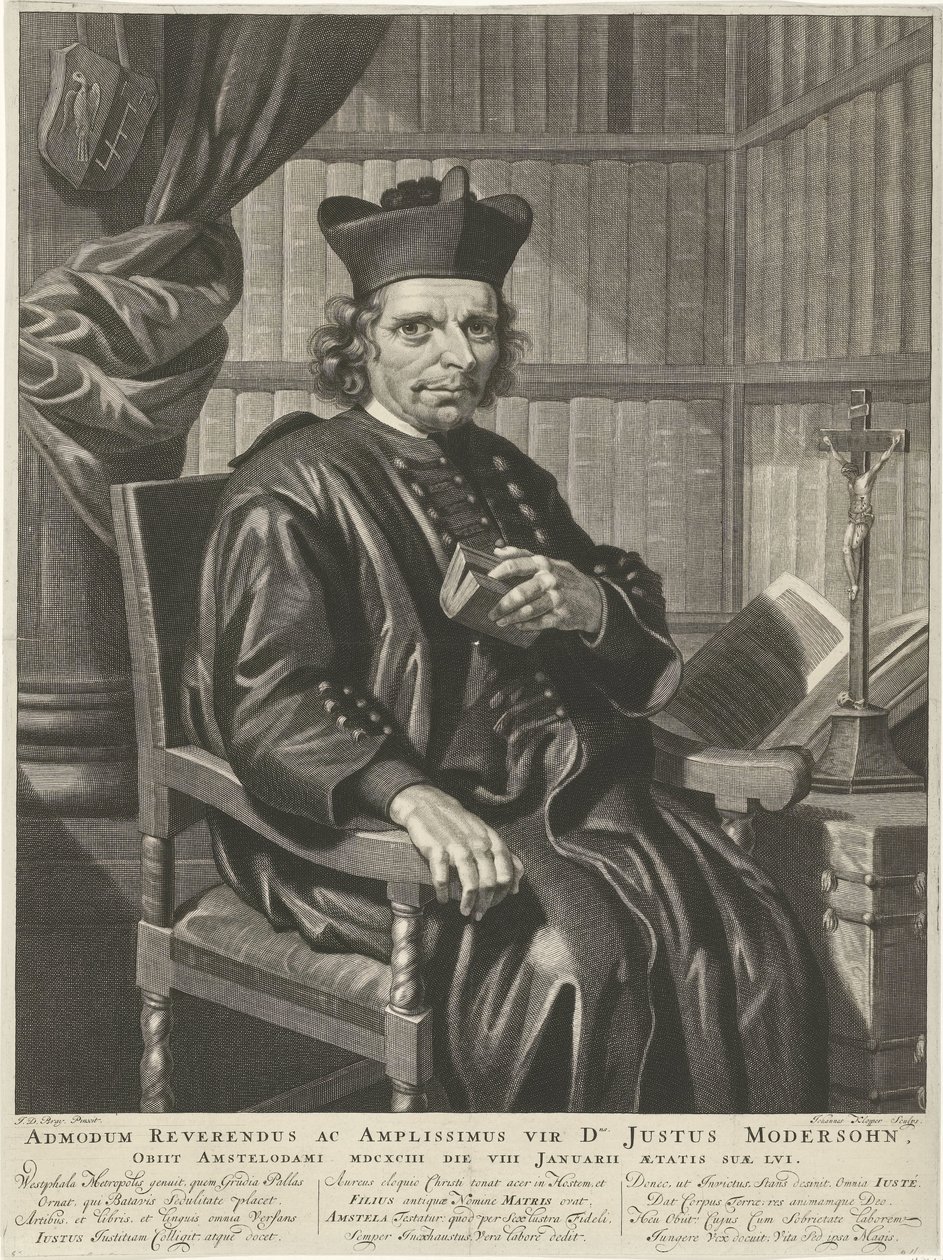Portret van de pastor Justus Modersohn Den rette pastor og stormand hr. Justus Modersohn, døde i Amsterdam 1693 den 8. januar i en alder af 15 år (titel på objekt) af Johannes Klopper