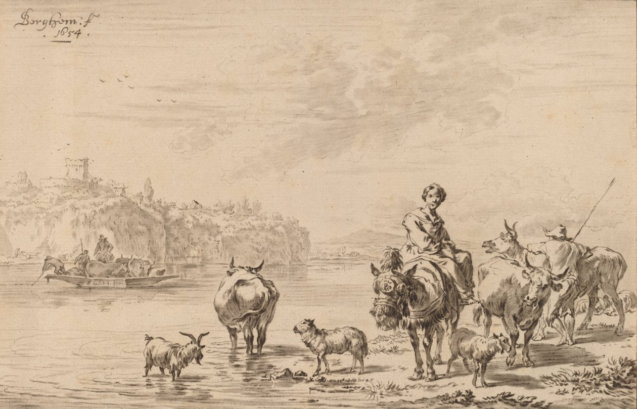 Kvinde siddende på et muldyr, 1769. af Johannes Kornlein