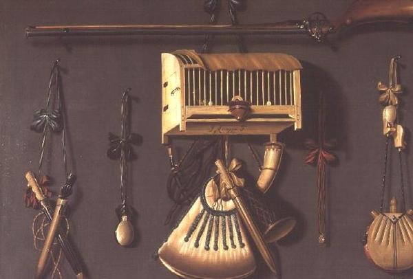 Et Trompe lOeil Stilleben af en pistol, et pulverhorn, en burfugl og jagtudstyr af Johannes Leemans